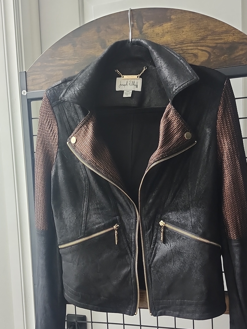 Joseph Ribkoff Black Faux Suade Jacket with Bronze Knit Sleeves